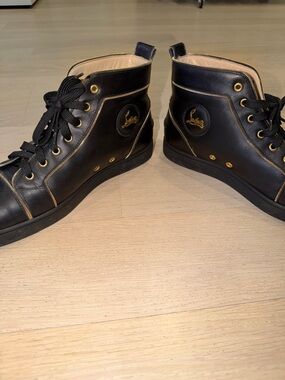 Christian Louboutin Black Leather High-Top Sneakers with Gold Zipper Accents
